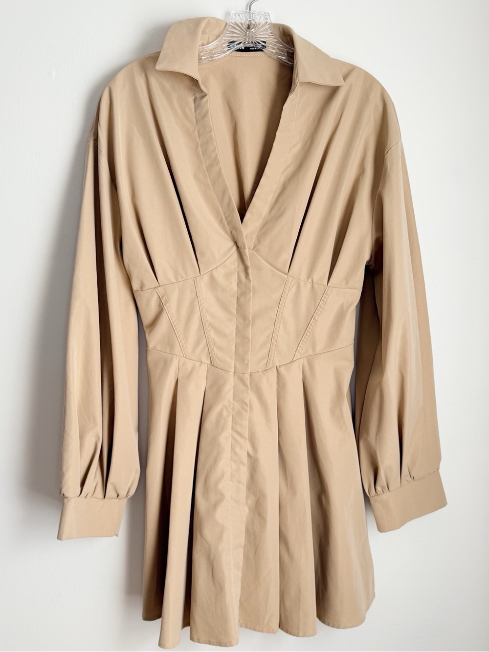 SHEIN Beige Long-Sleeve Fit & Flare Shirt Dress